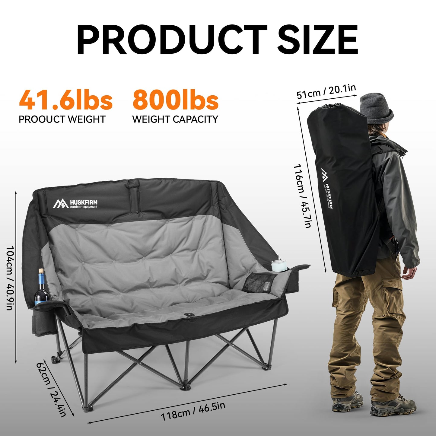 Huskfirm High Back Double Camping Chair 2 Person Camping Chair Low Seat Loveseat Camping Chair Fully Padded Oversized Camping Couch for Adults - Supports 650 LBS with Cup Holders Carry Bag - Black