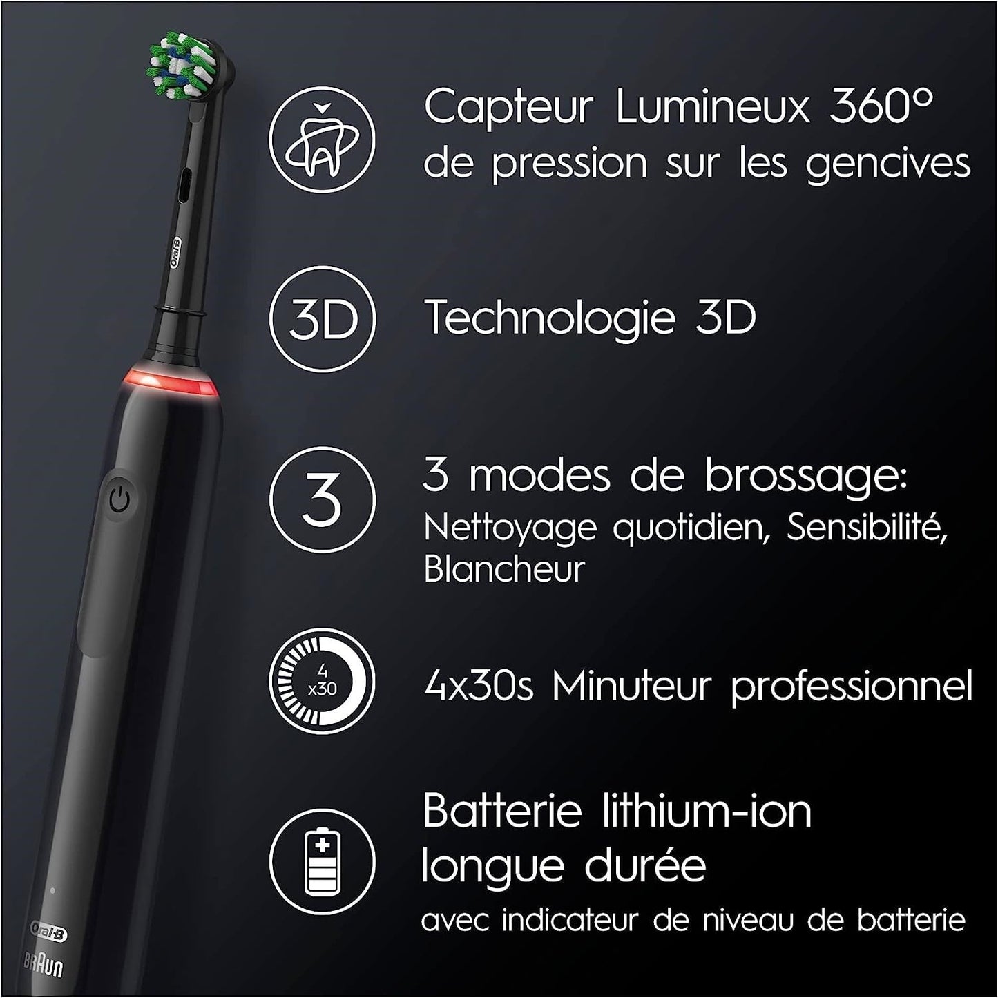 Oral-B PRO 3 3000 Electric Toothbrush/Electric Toothbrush, 2 CrossAction Replacement Brushes, with 3 Cleaning Modes and Visual 360° Pressure Control for Dental Care, Gift Man/Women, Black