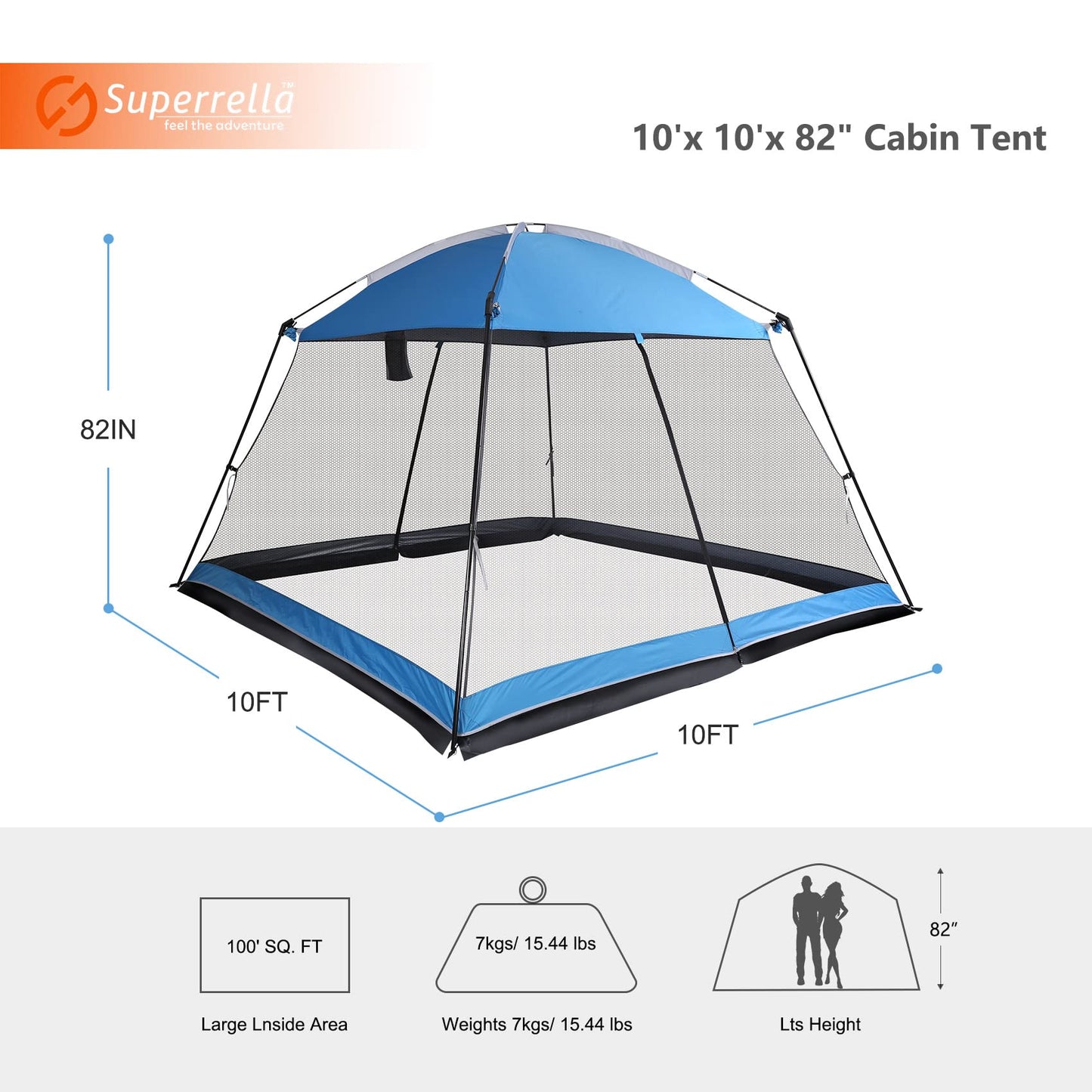Superrella Screen House 10x10 Ft Square Camping Canopy Tent Sun Shade Gazebo Shelter Perfect for Outdoor Activities, Blue