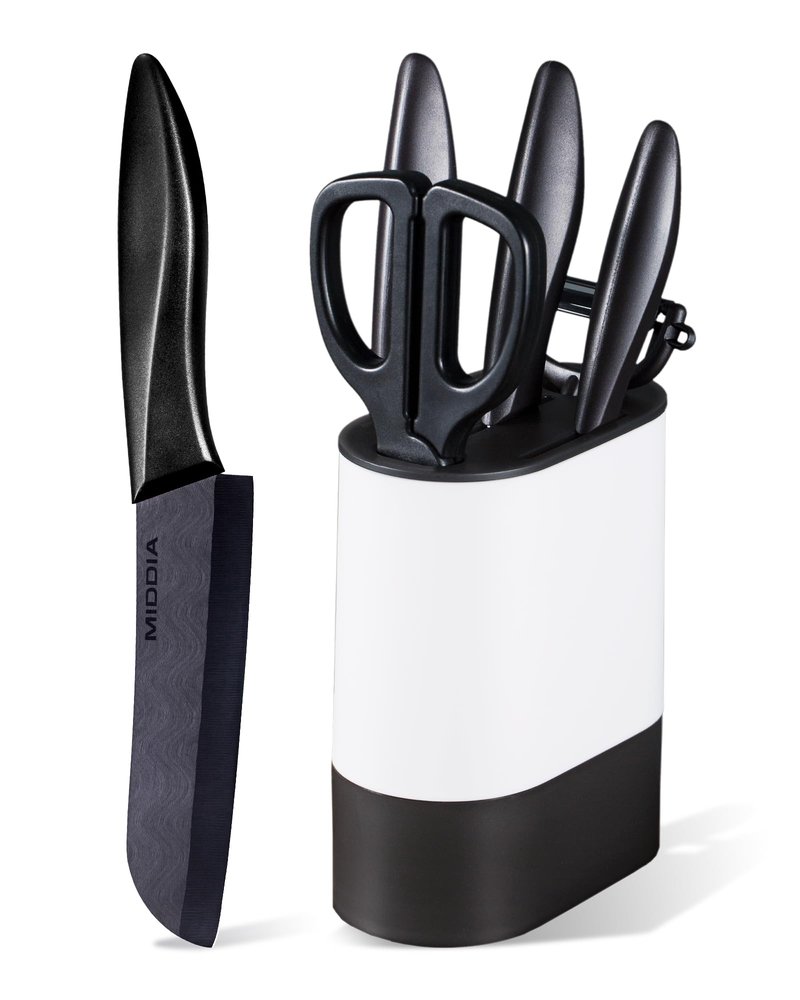 Kitchen Knife Set (6 Pieces), Ceramic Essential Knife Set with Block, Rust-Resistant Blade with Ergonomic Handle, Housewarming Gift, Black/White