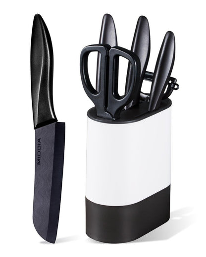 Kitchen Knife Set (6 Pieces), Ceramic Essential Knife Set with Block, Rust-Resistant Blade with Ergonomic Handle, Housewarming Gift, Black/White