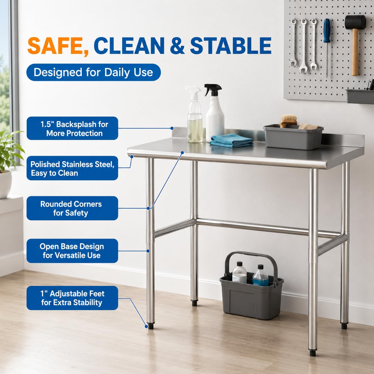 Chingoo Open Base Stainless Steel Work Table 30x36 Inch with Backsplash, Heavy-Duty Prep Table for Commercial Restaurant, Kitchen, Bakery, or Garage