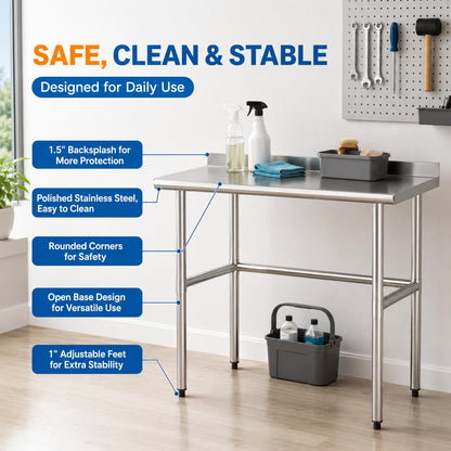 Chingoo Open Base Stainless Steel Work Table 30x36 Inch with Backsplash, Heavy-Duty Prep Table for Commercial Restaurant, Kitchen, Bakery, or Garage