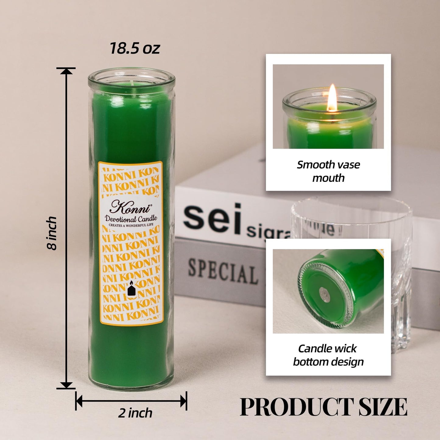 KONNI 2x8 Inch Green Pillar Candles in Glass Set of 3, Devotional Prayer Candle, Unscented Religious Candles, 105 Hours Emergency Long Burning, Ideal for Memorials, Vigil, Blessing