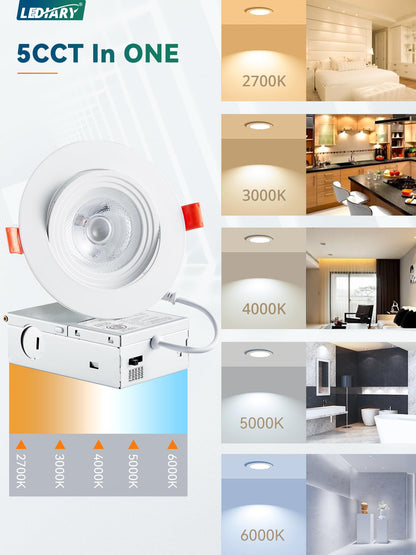 LEDIARY 12 Pack Gimbal LED Recessed Lighting, 4 Inch, 5CCT Adjustable 2700K-6000K, 750LM, Canless Down Light,