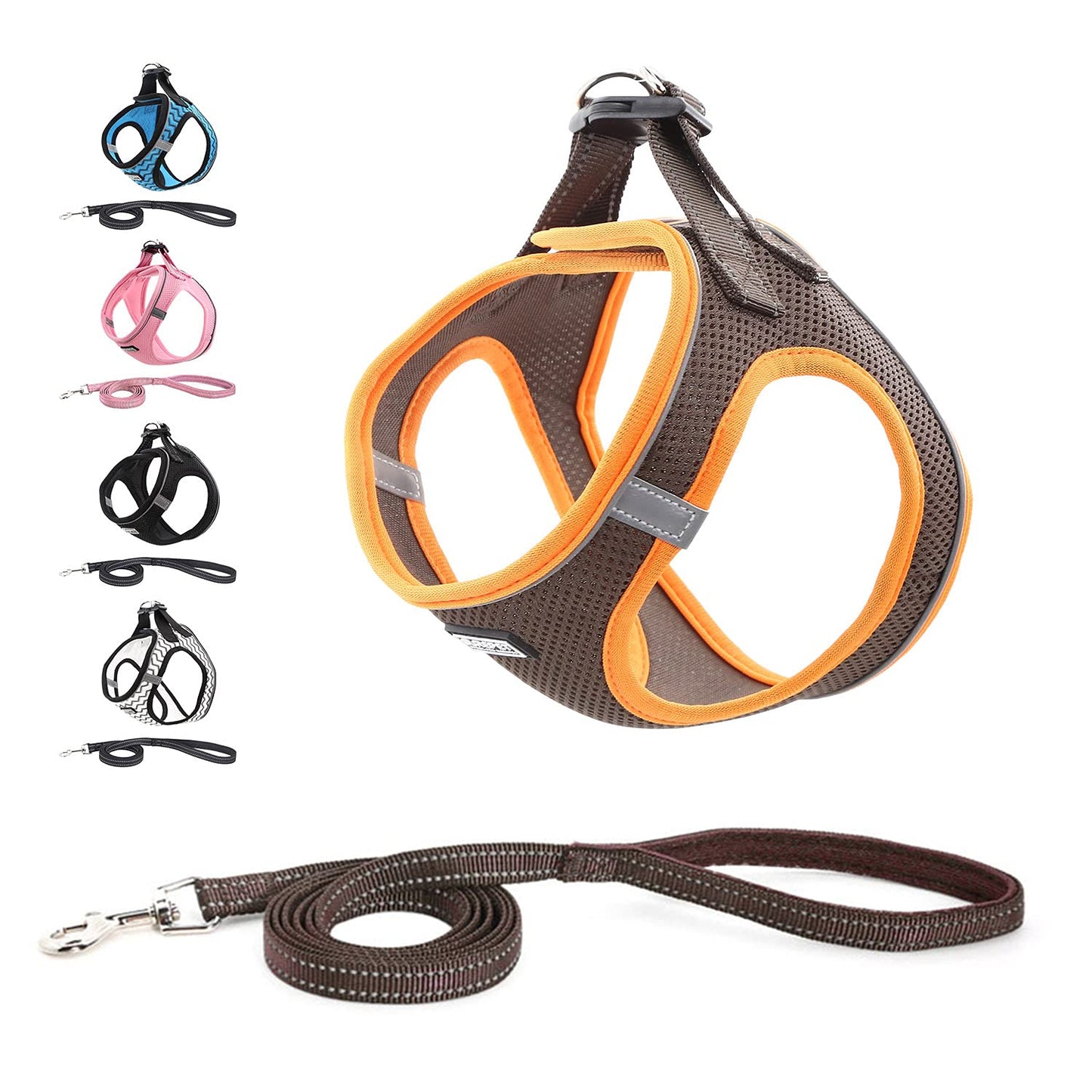 Suredoo Soft Mesh Dog Harness and Leash Set, Step-in Reflective Breathable Comfort Padded Quick Dry Pet Puppy Vest Harness for Extra-Small/Small Medium Dogs and Cats (Brown, XXS)