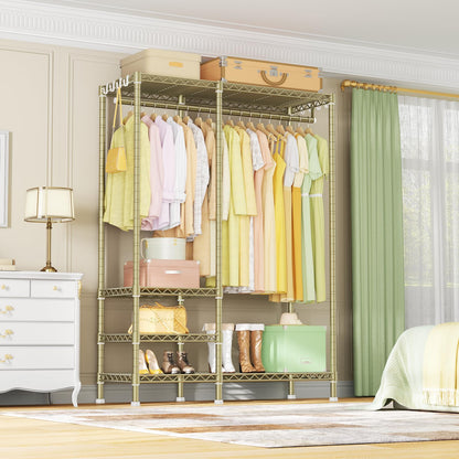 Ulif F4 Heavy Duty Clothes Rack (With Hanger Rod) Freestanding Clothing Racks for Hanging Clothes，Adjustable Closet Organizer System, Portable Garment Rack 45"W x 15.8"D x 71.3"H,Max Load 600LBS, Gold
