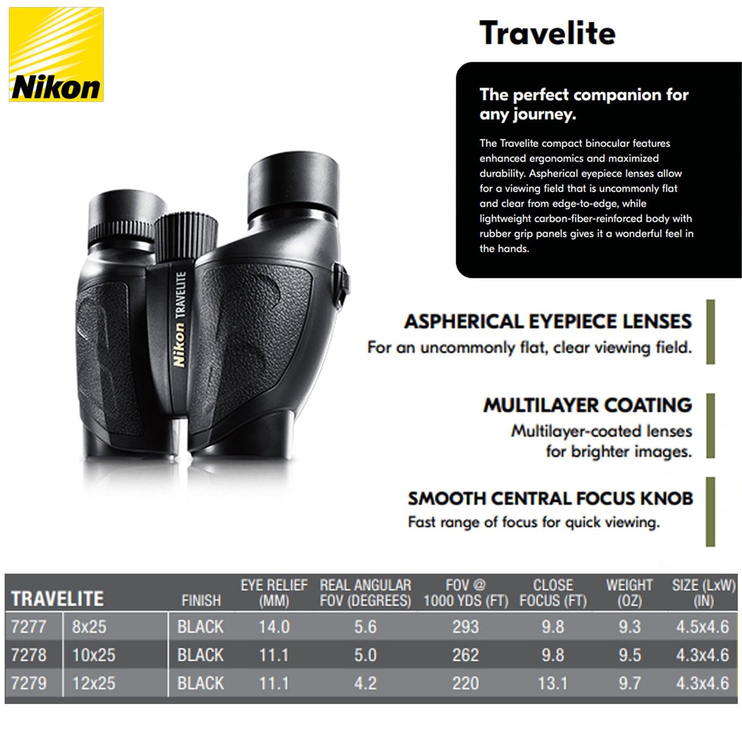 NIKON TRAVELITE EX 12x25 Binoculars | Compact Lightweight Waterproof Fogproof Outdoor Binoculars with Multilayer-Coated Optics | Ideal for Birdwatching, Hiking, Travel & Outdoor Adventures