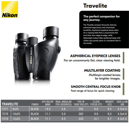 NIKON TRAVELITE EX 12x25 Binoculars | Compact Lightweight Waterproof Fogproof Outdoor Binoculars with Multilayer-Coated Optics | Ideal for Birdwatching, Hiking, Travel & Outdoor Adventures