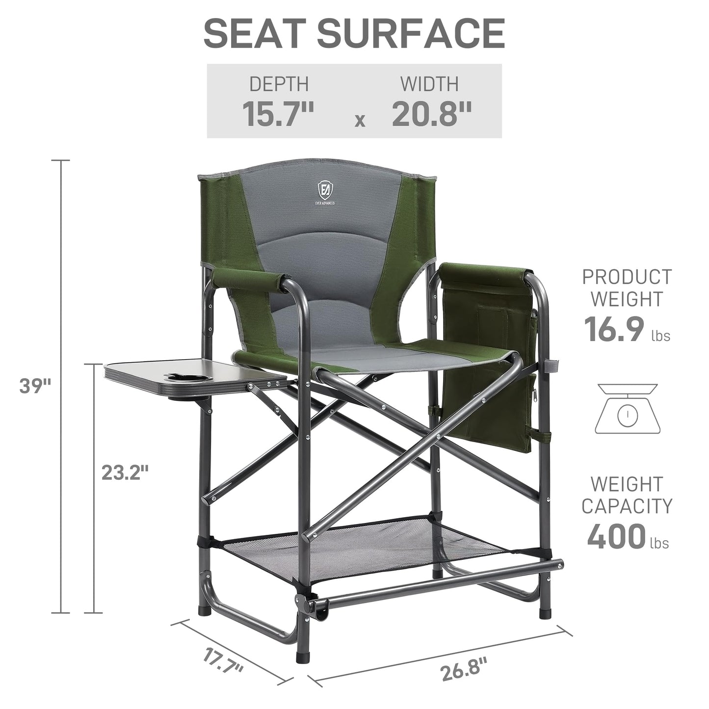 EVER ADVANCED Medium Tall Directors Chair Foldable Makeup Artist Chair Bar Height with Side Table Cup Holder and Pocket Footrest, Supports 400LBS (Green, Seat Height: 23.2 inches)
