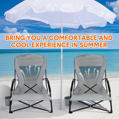 Menkxi 6 Pack Low Beach Chairs for Adults, Portable Folding Sand Chairs with Cup Holder and Carry Bag, Lightweight High Back Camping Chair for Beach Trips, Concerts, BBQ, Lawn, Outdoor (Dark Grey)