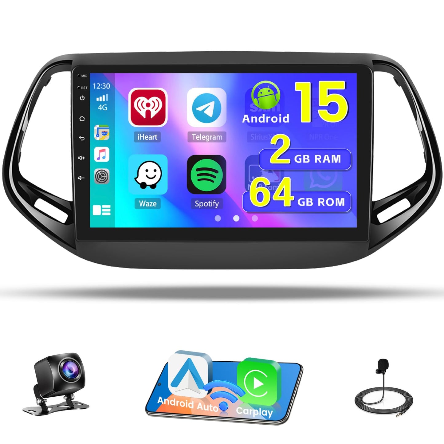 [4Core 64G] Android 15 Car Stereo for Jeep Compass 2017 2018 2019 2020, Hikity 9'' Touchscreen Compass Radio Wireless Carplay Android Auto GPS Bluetooth 5G WiFi Mirror Link FM/RDS/EQ SWC Backup Camera