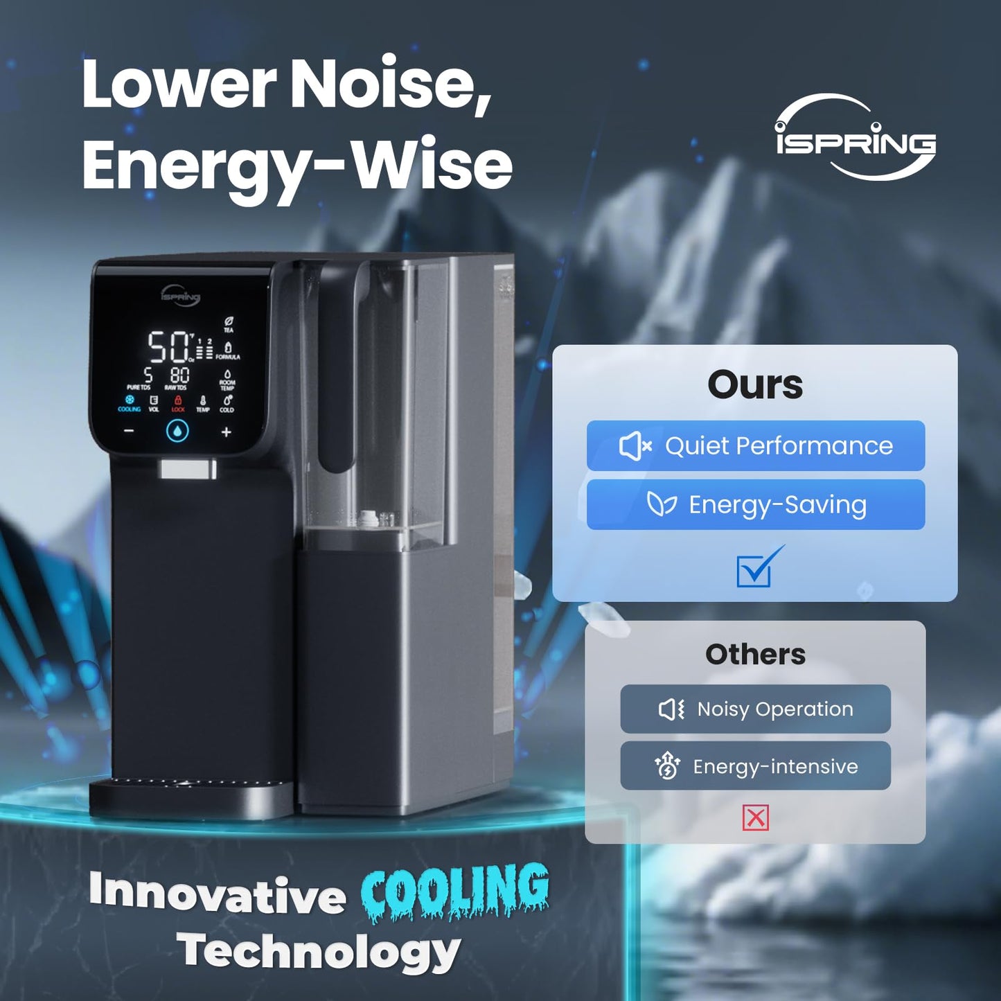 iSpring RCD100HCG Hot & Cold Reverse Osmosis System Countertop, Alkaline RO Water Filter Dispenser, 9 Temperature & 6 Dispensing Volume Options, TDS & Filter Lifespan Monitor, Plug and Play