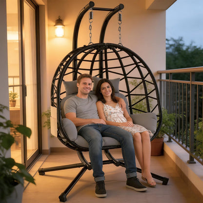 Suteck Double Hanging Egg Chair with Stand, Egg Swing Chair with Cushion,Outdoor Indoor 2 Person Wicker 700lbs Capacity for Patio, Bedroom, Garden - Black