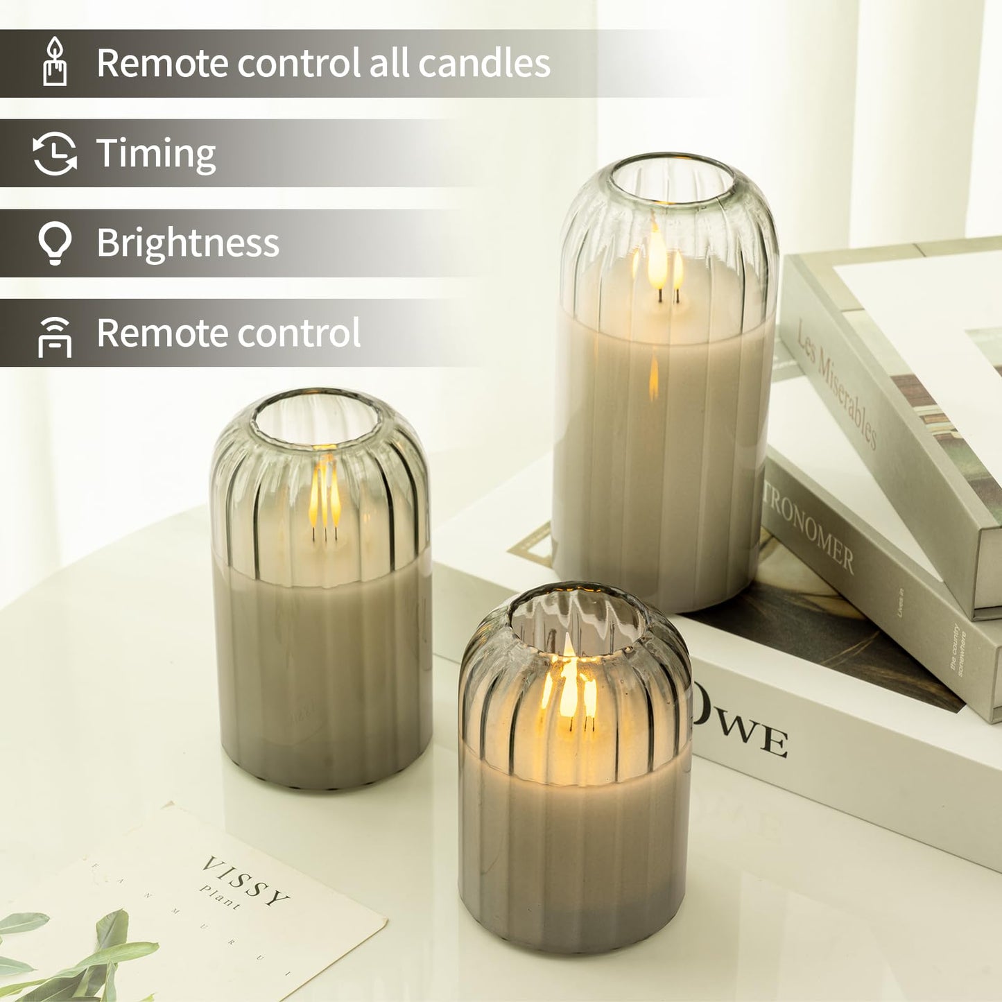 Ribbed Glass Battery Candles - FLameless Candles with Remote, Sage Green LED Candles with Timer, Warm Light, Lasting 350 Hrs and Brightness Adjustment, Φ 3" H 4" 5" 6", Set of 3 for Christmas Decor