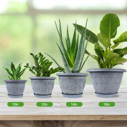 Fodetyff 12 Inch Large Planter Pot for Plants Indoor Outdoor, 4 Pack Plastic Flower Pots with Drainage Hole & Tray, Modern Decorative Garden Pot with Saucer, Plant Container for House
