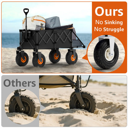 Beach Wagon with Big Wheels for Sand - Heavy Duty 10" Wheel Collapsible Wagons Foldable Large Wagon Cart Folding All Terrain for Camping
