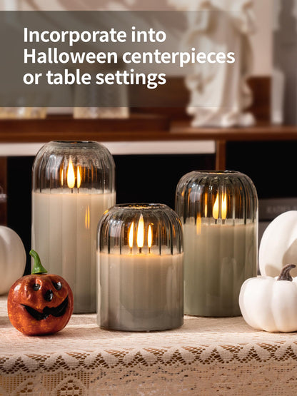 luzzup Glass Ribbed Flameless Candles - Battery Candles with Remote Timer, Green Glass LED Candles with Pumpkin Shape, Warm Light, Lasting 350 Hrs and Brightness Adjustment, Φ 3" H 4" 5" 6", Set of 3