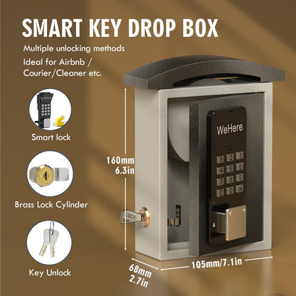 WeHere Key Lock Box Wall Mount with Key Drop Slot, Smart Digital Lockbox, OTP/APP Bluetooth/Wi-Fi/Fixed Code/Key Unlock, Key Safe Security Storage for House Outside, Realty Business, Apartment, Store