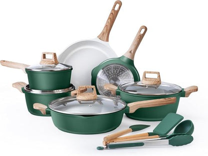 Country Kitchen Nonstick Pots and Pans Set - 14 Pcs Cast Aluminum Cookware with Utensils | Sage Color