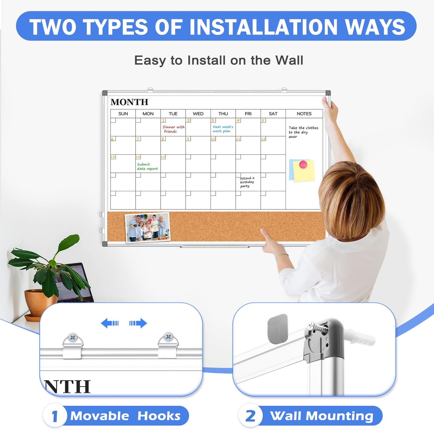 Monthly Calendar Whiteboard Dry Erase Cork Board Combo for Wall, 24" x 18" Double-Sided Calendar White Board and Bulletin Board, Portable Board for Office, Kitchen, School, Home