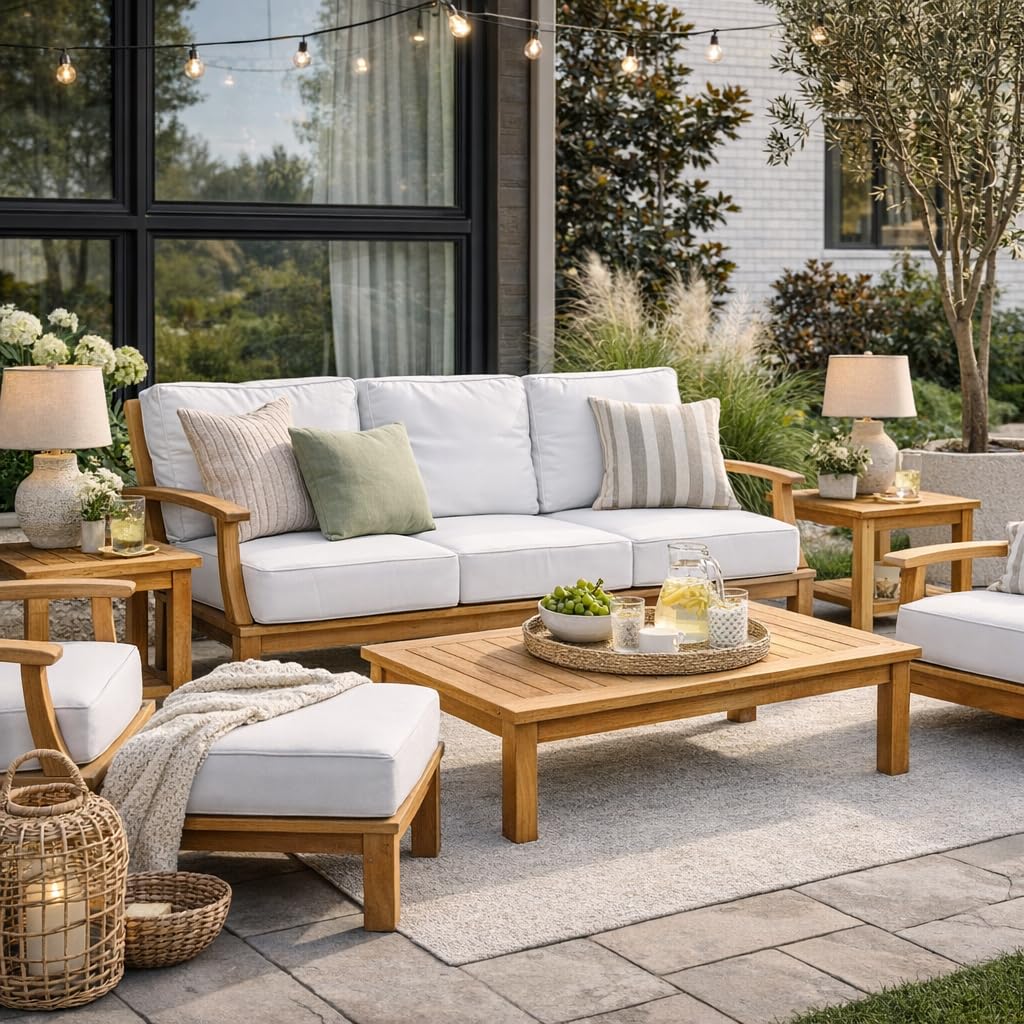 Hives & Honey Pavilion 82" Outdoor Teak Sofa with Cushions, Grade-A Teak Patio Couch, Weather-Resistant Deep Seating for Patio, Deck, Garden – White