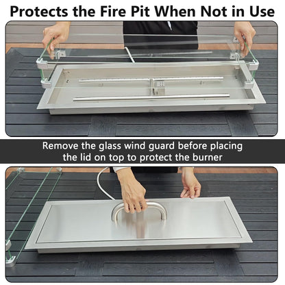 Hisencn 30 x 10 Inch Drop-in Fire Pit Kit, Premium Stainless Steel Modern Fire Trough with Tempered Glass Wind Guard, Built-in Outdoor Table Flame Feature for Patio, Backyard & Entertaining