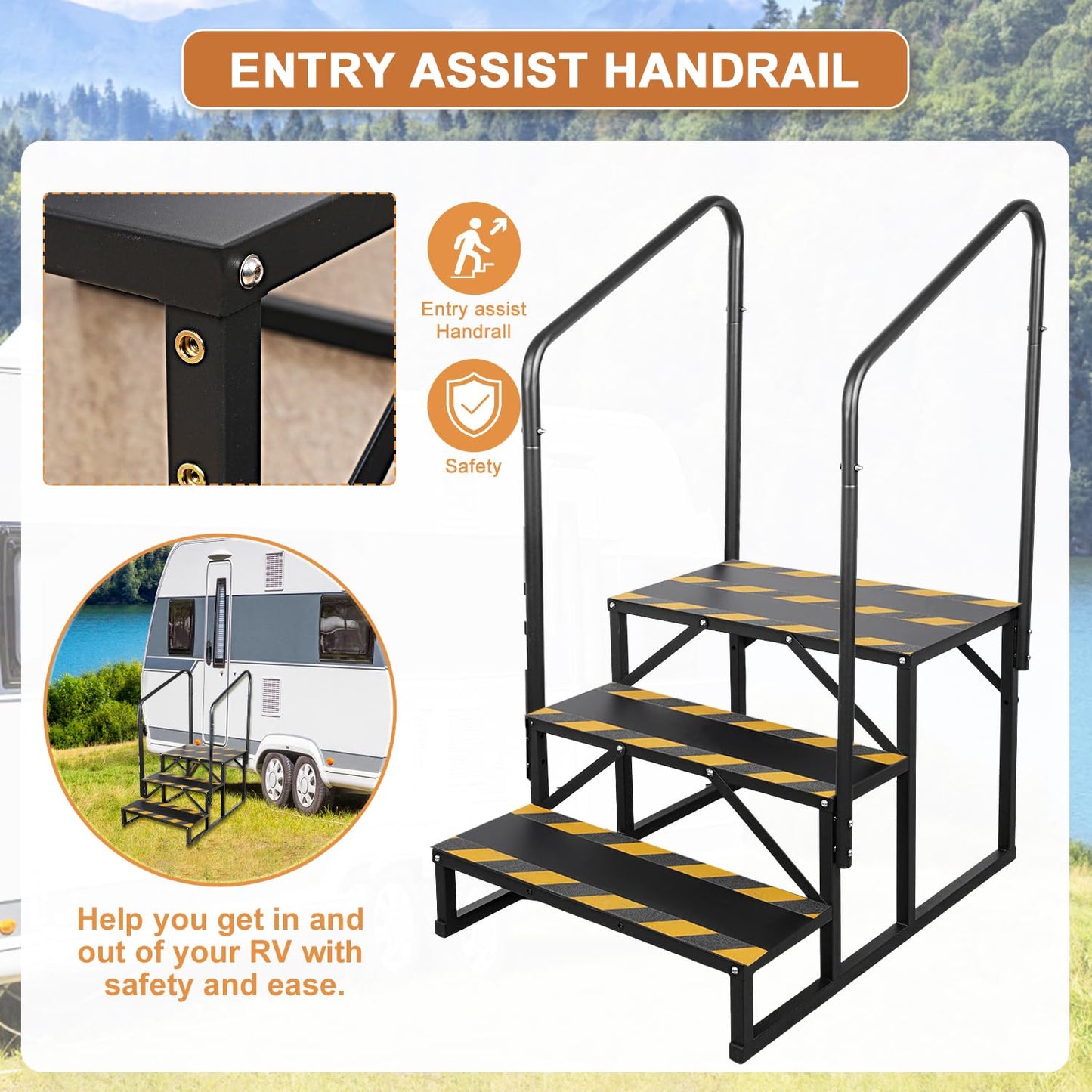 Kinchoix 3 Step RV Stairs, Hot Tub Steps, Outdoor Spa Step Ladder with Double Handrail,Portable Economy 5th Wheel Stair for Travel Trailer, Motor Home, Camper and Porch with Non-Skid Tapes