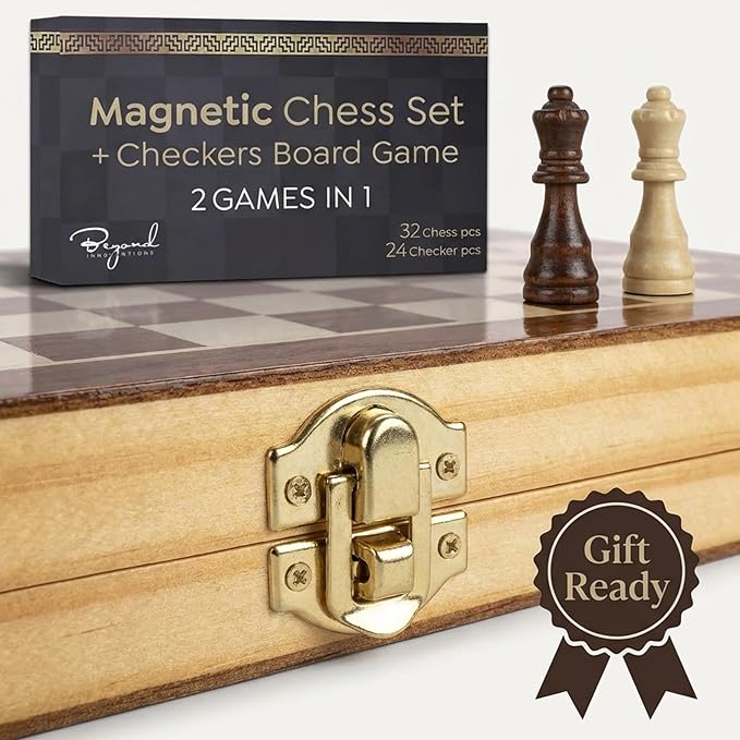 Wooden Magnetic Chess Set &amp Checkers Board Game 15” Foldable Chess Board | Solid Wood 2-in-1 Board Game for Adults with Storage Box 2 Extra Queens Portable Travel Chess Set for Kids &amp Begin