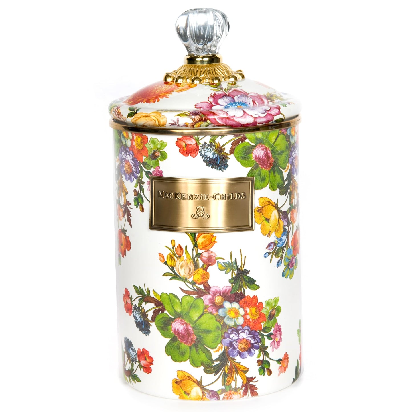 MACKENZIE-CHILDS Enamel Canister, Versatile Kitchen Storage Container for Flour and Sugar, Large, 64-Ounce Capacity, White Flower Market
