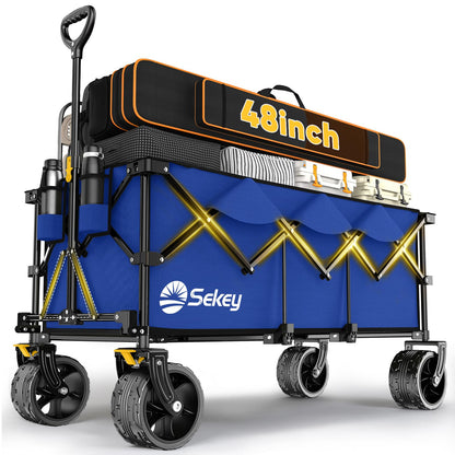 Sekey Extended Collapsible Foldable Wagon with 660lbs Weight Capacity, Heavy Duty Folding Utility Garden Cart with Big All-Terrain Beach Wheels & Drink Holders. Royal Blue
