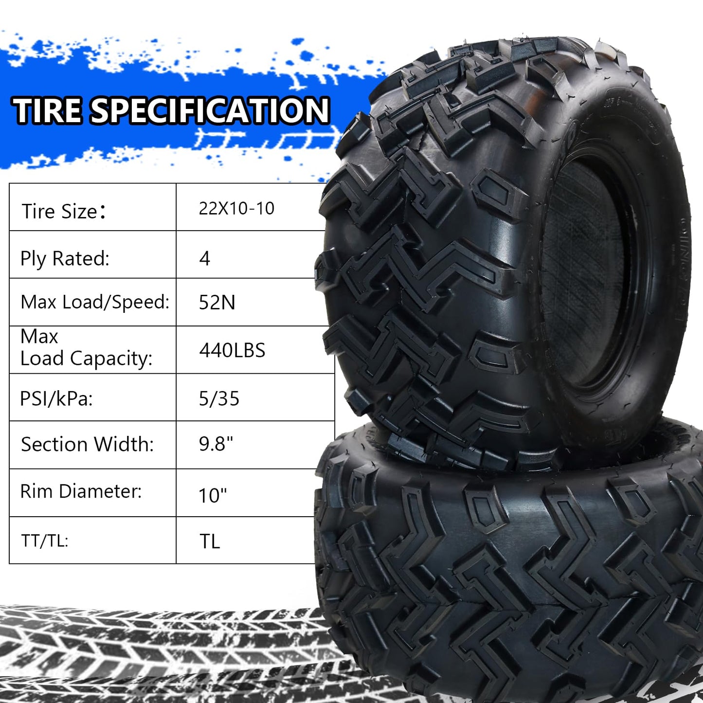 Garvee 22x10-10 ATV Tires (Pack of 2, Tubeless) - 4-Ply Durable AII-Surface Tire for Sport ATV/UTV & Go Karts, Superior Traction, Smooth Ride, Ideal for Off-Road, Trail, Rock Desert Adventures