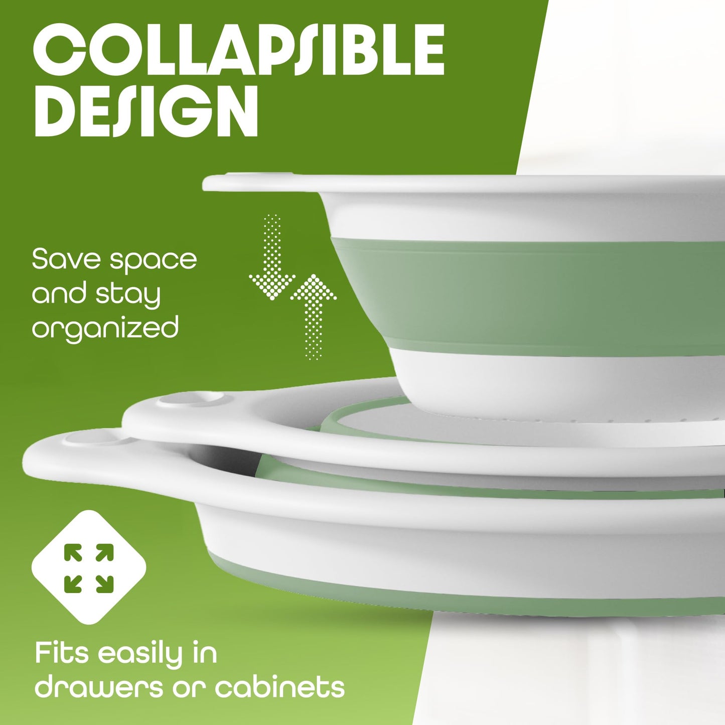 Collapsible Colander Strainer, Includes Over-sink Countertop Draining Base (5QT) Large Kitchen Drainer for Vegetables Fruit and Pasta, Round Foldable Draining Basket, Easy Storage (White)