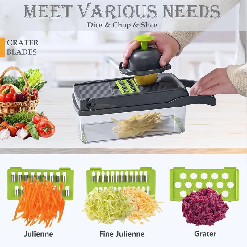 Pro-Series 16-in-1 Vegetable Chopper, Veggie Chopper, Food Chopper with Container, Vegetable Cutter Chopper & Spiralizer for Onion Salad (Grey, 15-piece set)
