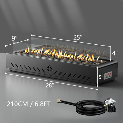 28" Tabletop Propane Gas Fire Pit Bottom-Mounted for Table with Umbrella Hole, Portable Smokeless Firepit with Glass Wind Guard for Outdoor Patio Backyard Porch Camping Tailgating RV, 40000BTU, FP044