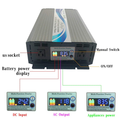 KRXNY 3000W Off Grid Pure Sine Wave Power Inverter 24V DC to 110V 120V AC with LCD Display for RV Camping Truck Home Solar