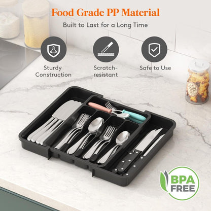 Lifewit Silverware Drawer Organizer, Expandable Utensil Tray for Kitchen, BPA Free Flatware and Cutlery Holder, Adjustable Plastic Storage for Spoons Forks Knives, 8.9-14.7 x 12.2", Black
