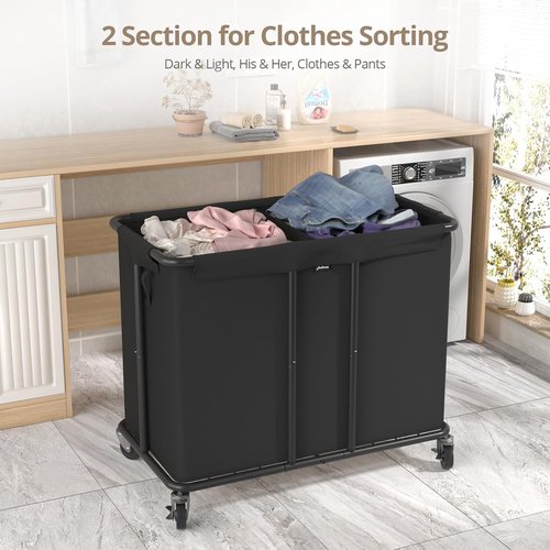 Hodonas Laundry Hamper - 2-Section 230L Heavy-Duty Rolling Basket with Silent Casters | Black, 31.5"L x 15.75"W x 30.7"H