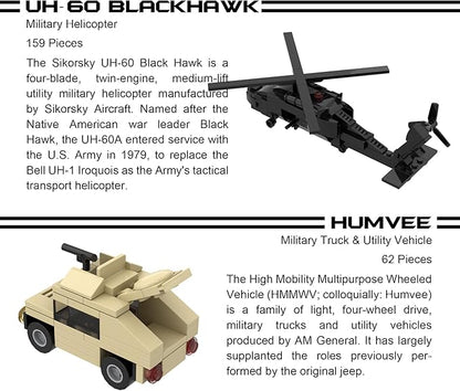 Apostrophe Games 5 Military Building Block Sets (659 Pieces) F-22 Raptor M1 Abrams Tank Black Hawk Helicopter Reaper UAV and Humvee Army Truck Scale Models for Kids and Adults