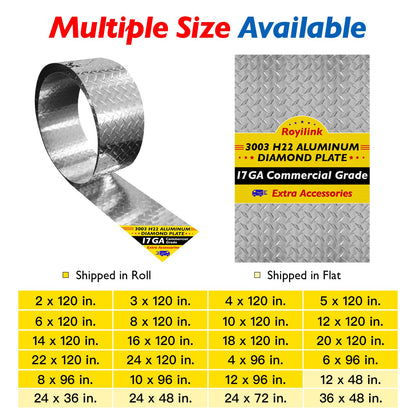 Royilink Aluminum Diamond Plate Sheet Metal – 3003 H22 Corrosion & Rust Resistant – 17 GA 0.045” Thick Commercial Grade – Stone Guard for Cargo Trailer, RV, Camper – 22 in x 120 in.