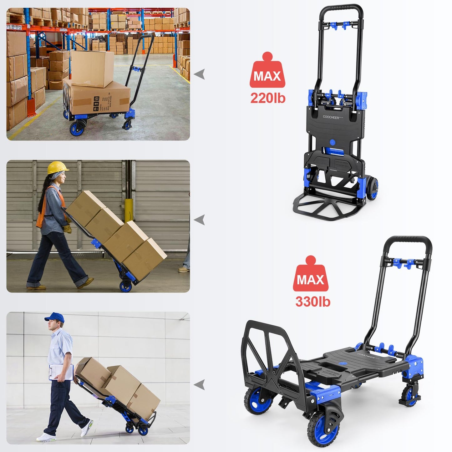 2-in-1Hand Truck Dolly Foldable with Folding Basket, 330LB Folding Hand Truck Heavy Duty Carrying, Combination of 4 Wheels and 2 Wheels Convertible Dolly Cart with Retractable Handle Dolly for Moving