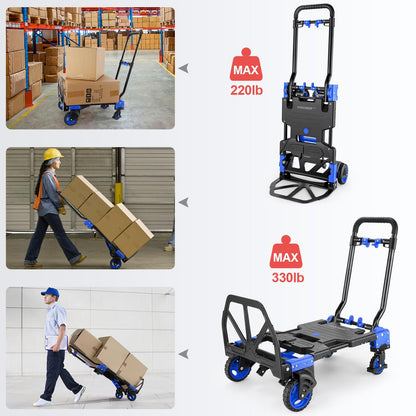 2-in-1Hand Truck Dolly Foldable with Folding Basket, 330LB Folding Hand Truck Heavy Duty Carrying, Combination of 4 Wheels and 2 Wheels Convertible Dolly Cart with Retractable Handle Dolly for Moving