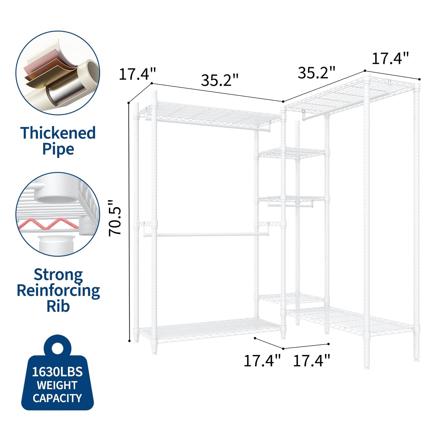 GarveeTech Heavy Duty Garment Rack L Shaped Clothes Rack for Corner,Load 1631LBS,Freestanding Portable Wardrobe Closet with 7 Adjustable Shelves, 4 Hanging Rods for Home,70.5" H x 85.4" L x 17.4" W