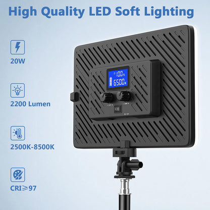 Kmasic 2 Pack Led Video Light Kit, 4000mAh Rechargeable Lithium Battery, Light Panel 2500k-8500k 2200Lux 79 inches Light Stand for Studio Photography Light Video Recording Game Live Streaming