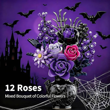 Purple Roses Bouquet Building Set 882PCS Compatible with Lego Artificial Flower Everlasting Gothic Roses for Home Décor Gift for Halloween Romantic Valentine’s Day Mother’s Day Anniversary