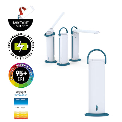 Daylight Twist 2 Go Rechargeable LED Lamp – Portable Craft & Task Light with Easy Twist Shade, 95+ CRI for Color Accuracy, 3 Brightness Levels, Up to 8 Hours Battery Life – Teal & White (U35090)