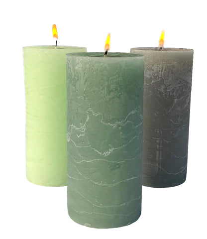 WHW Whole House Worlds 3 Pillar Candle Set, Paraffin Wax, 68 Hours Burn Time, Cotton Wick, 6 Inches, Neutral Shades of Marbled Sage Green, Pale Celadon,Pastel Green