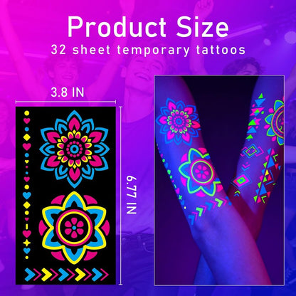 Glow in the Dark Party Supplies Temporary Tattoos 192+ PCS, Neon UV Blacklight Reactive Face Tattoos for for Party Supplies, Fluorescent Henna Flower Temporary Tattoos for Adults, Teens
