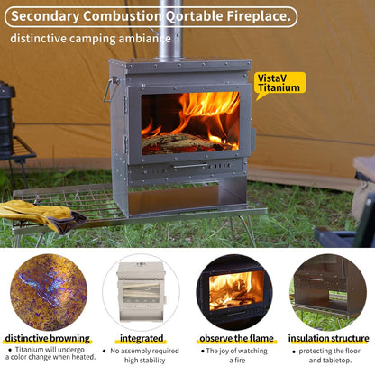 Soomloom Titanium Secondary Burning Fireplace VistaV Smokeless Wood Stove Glass Window Portable Firewood Heater Tent Cooking BBQ Campfire Outdoor Camping Warmer, 43x27x37
