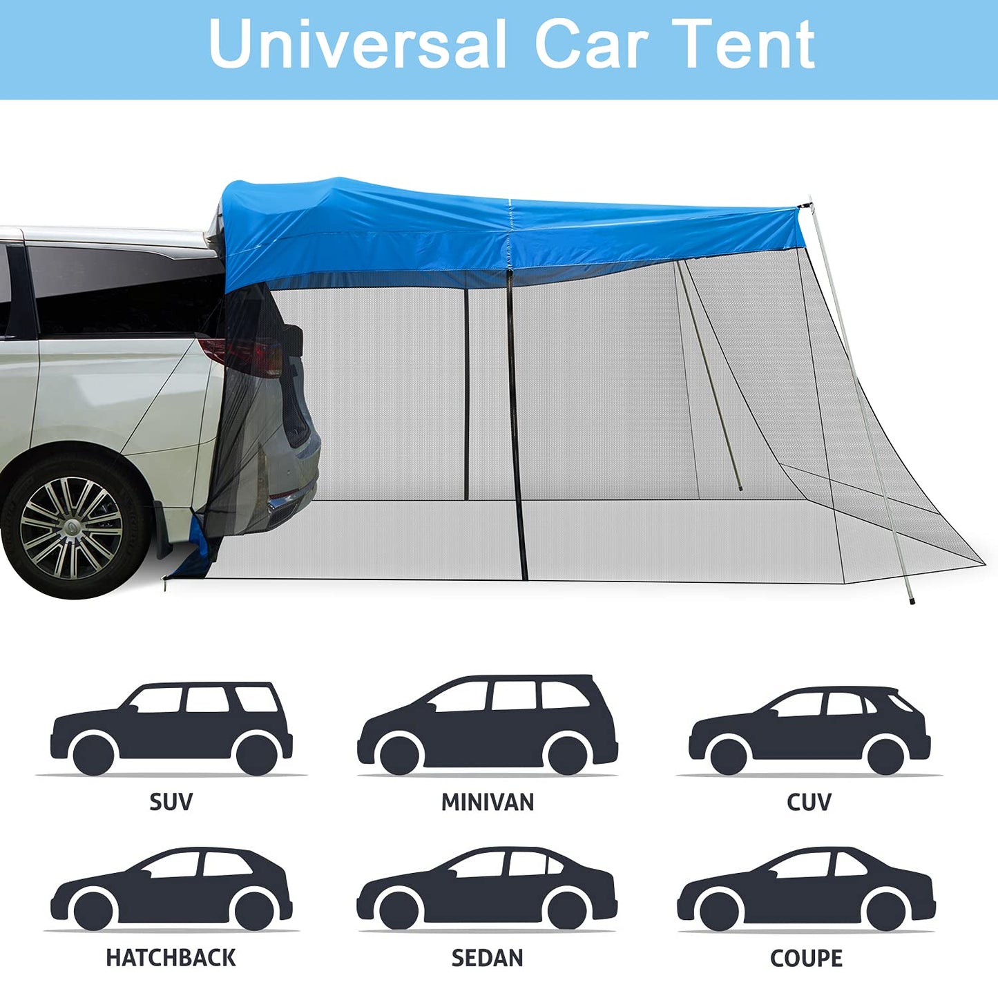 G4Free Car Awning Sun Shelter with Mosquito Net, Portable SUV Tent Tailgate Shade Car Canopy for Outdoor Camping Travel (Blue)